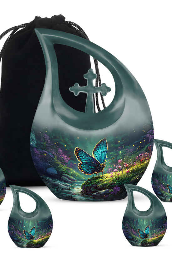 Vivid Teal Butterfly Cremation Urn urn with complimentary velvet bag - faith-inspired cross-drop urn with butterfly pattern - memorial set with one large and four small urns