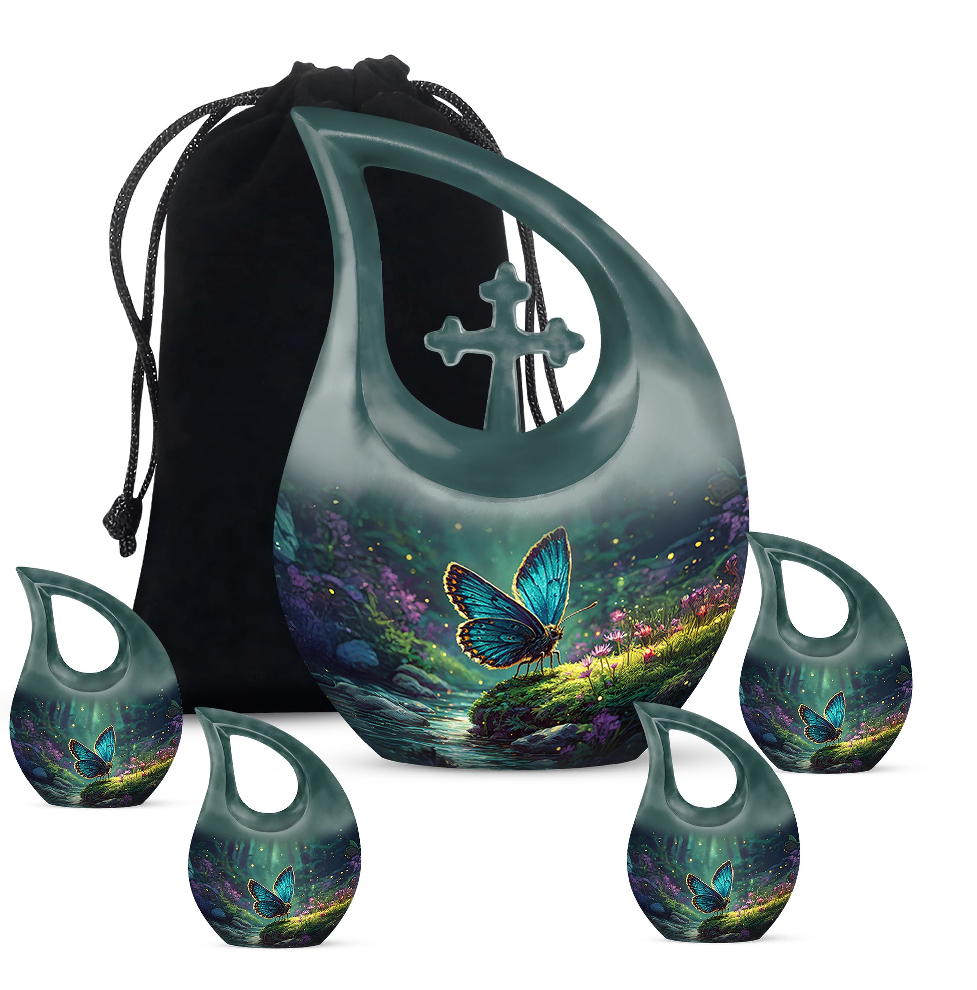 Vivid Teal Butterfly Cremation Urn urn with complimentary velvet bag - faith-inspired cross-drop urn with butterfly pattern - memorial set with one large and four small urns