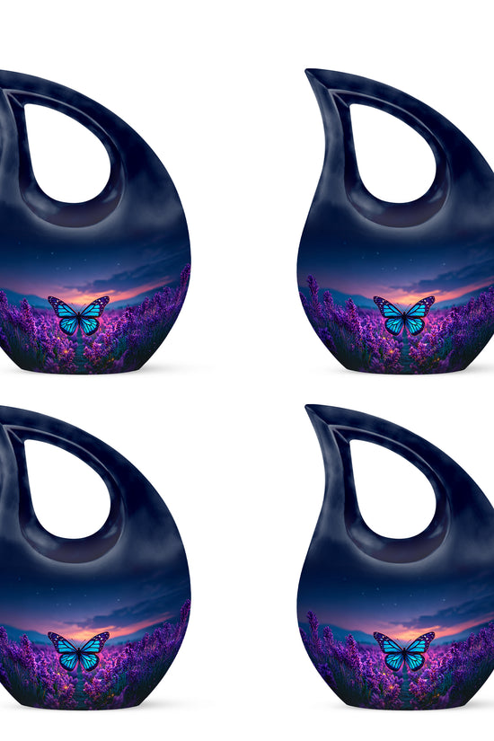 Royal Blue Butterfly Cremation Urn lifestyle display on memorial shelf - faith-inspired cross-drop urn with butterfly pattern - 10 inch aluminum urn for cremated remains