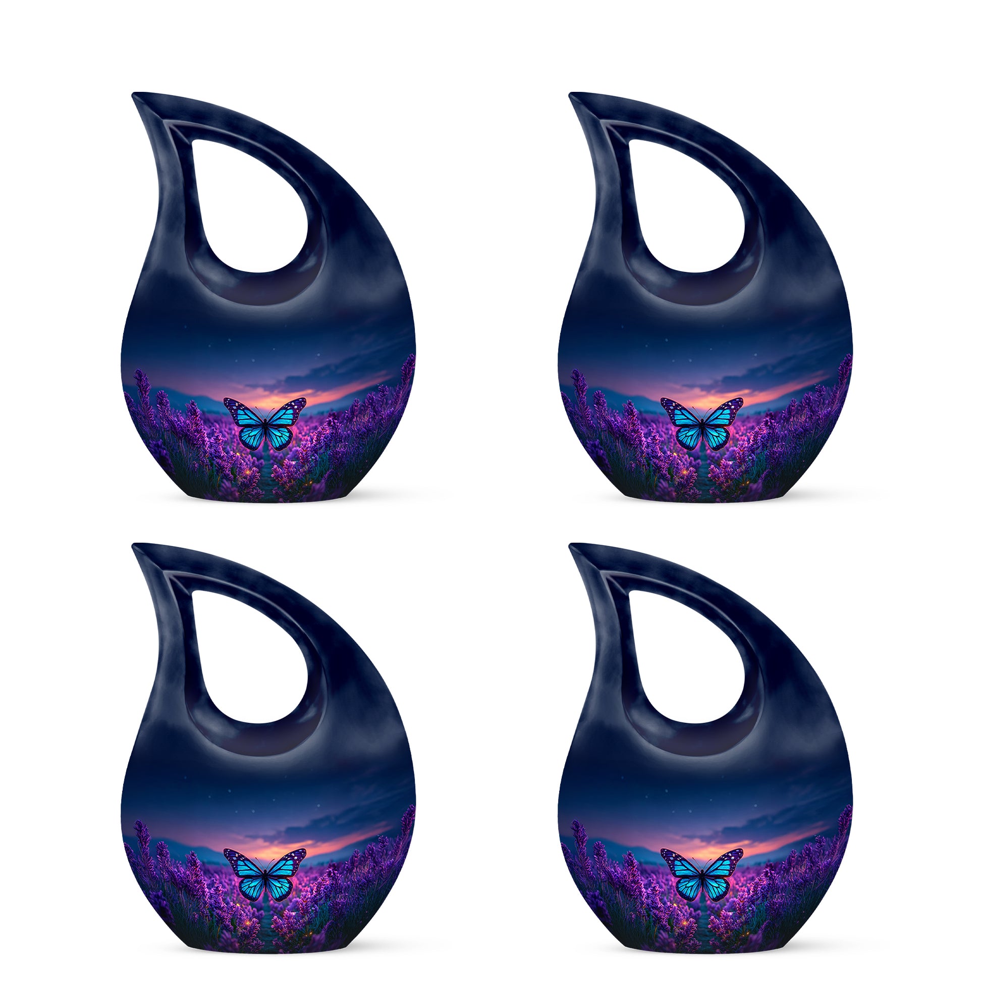 Royal Blue Butterfly Cremation Urn lifestyle display on memorial shelf - faith-inspired cross-drop urn with butterfly pattern - 10 inch aluminum urn for cremated remains