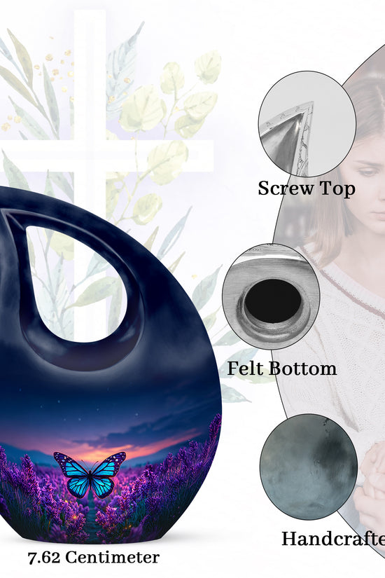 Cobalt Blue Butterfly Cremation Urn back view with polished surface - faith-inspired cross-drop urn with butterfly pattern - mini keepsake memorial for portion of cremation ashes
