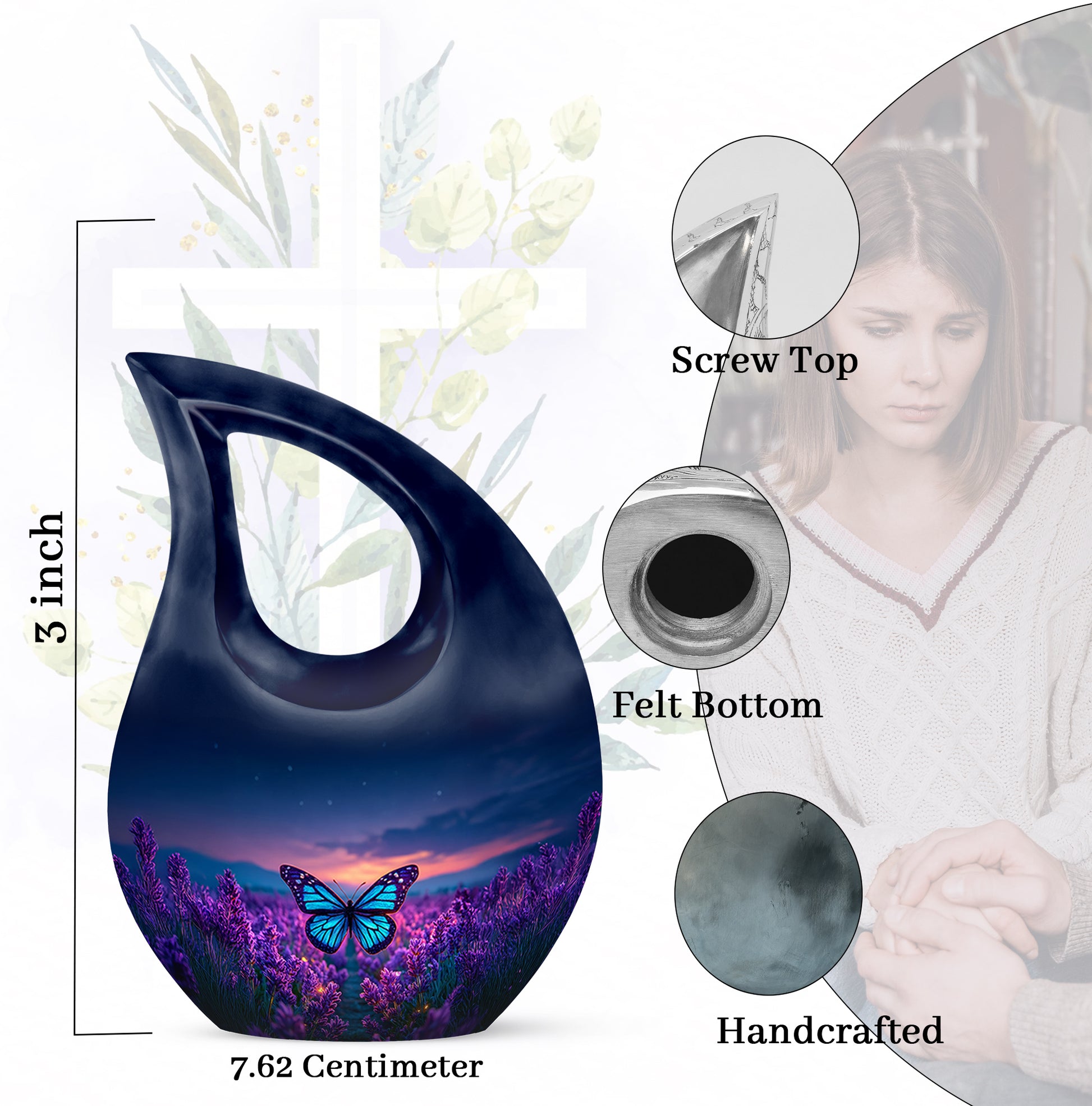 Cobalt Blue Butterfly Cremation Urn back view with polished surface - faith-inspired cross-drop urn with butterfly pattern - mini keepsake memorial for portion of cremation ashes