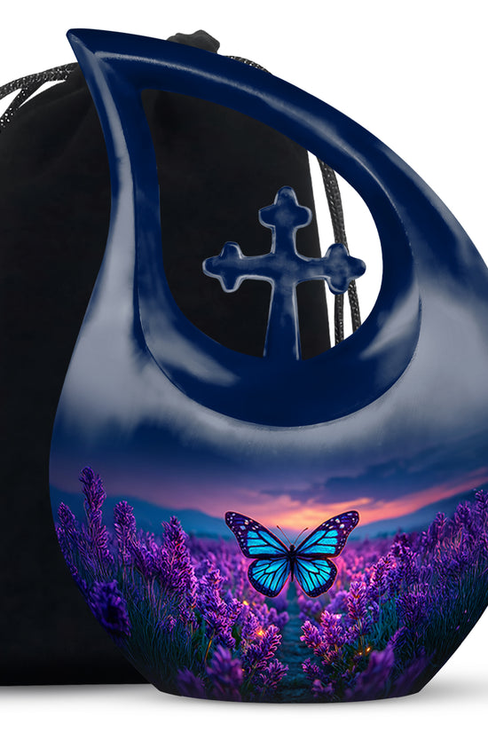 Vivid Blue Butterfly Cremation Urn top-down view of secure threaded lid - faith-inspired cross-drop urn with butterfly pattern - full-size 10 inch 200 cubic inch adult cremation urn
