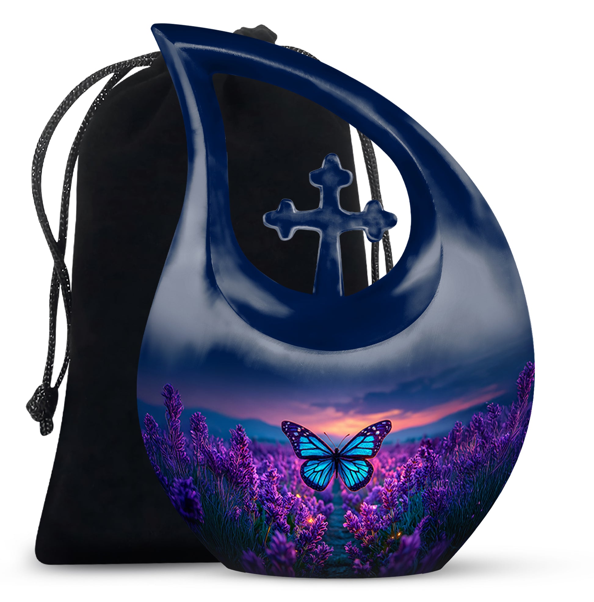 Vivid Blue Butterfly Cremation Urn top-down view of secure threaded lid - faith-inspired cross-drop urn with butterfly pattern - full-size 10 inch 200 cubic inch adult cremation urn