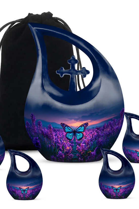 Icy Blue Butterfly Cremation Urn urn with complimentary velvet bag - sacred cross merged with butterfly motif on metal - memorial set with one large and four small urns