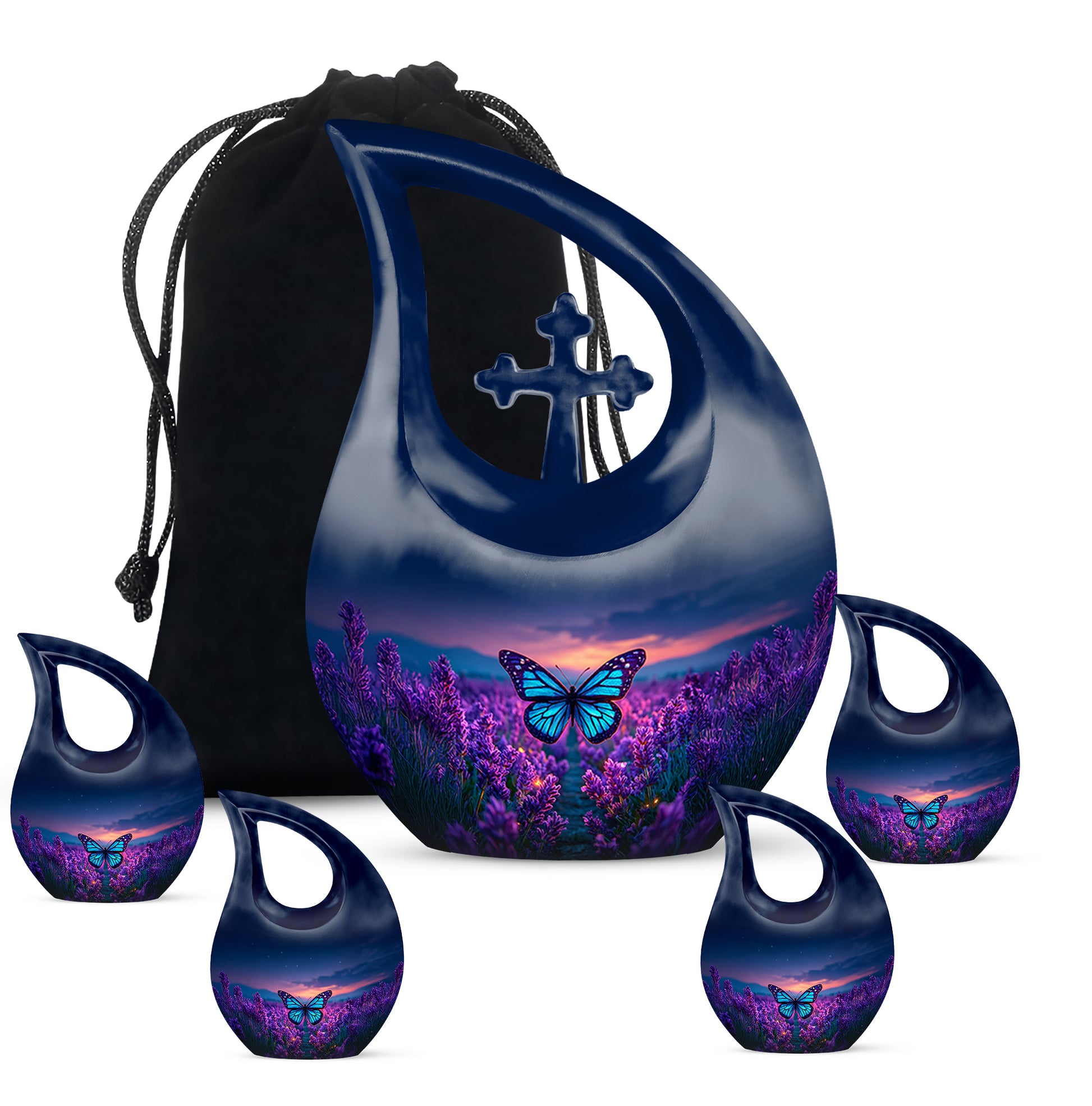 Icy Blue Butterfly Cremation Urn urn with complimentary velvet bag - sacred cross merged with butterfly motif on metal - memorial set with one large and four small urns