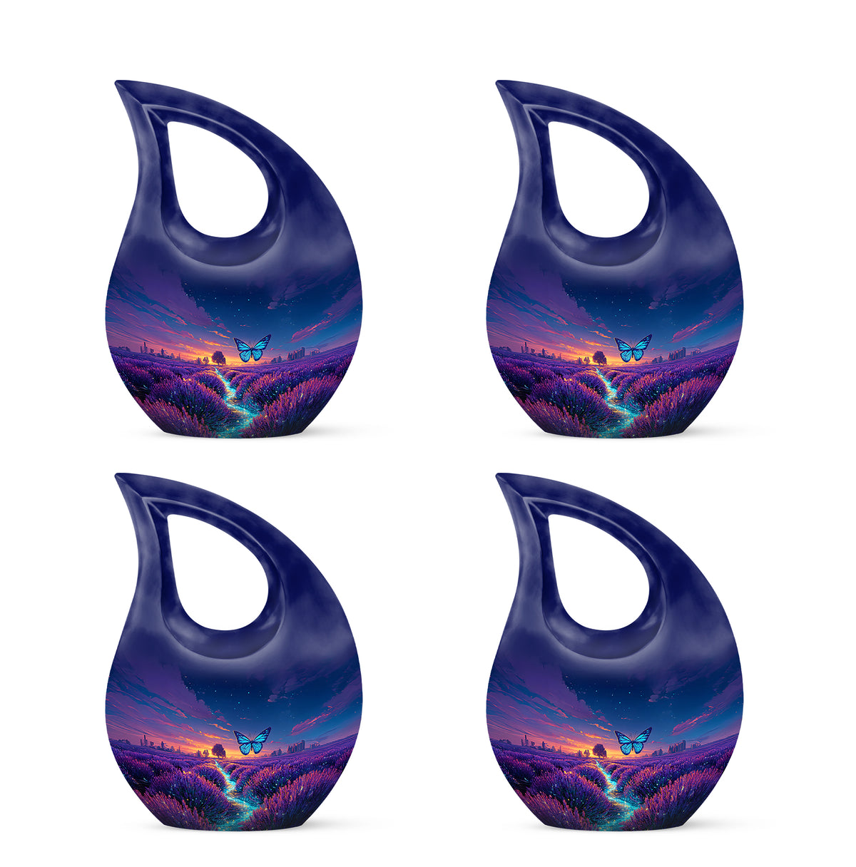 Azure Butterfly Cremation Urn lifestyle display on memorial shelf - sacred cross merged with butterfly motif on metal - 10 inch aluminum urn for cremated remains