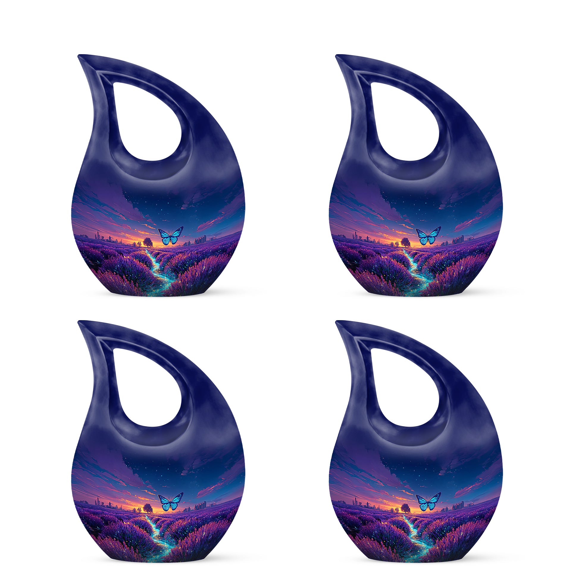 Azure Butterfly Cremation Urn lifestyle display on memorial shelf - sacred cross merged with butterfly motif on metal - 10 inch aluminum urn for cremated remains