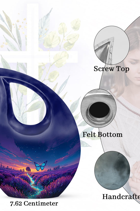 Azure Butterfly Cremation Urn back view with polished surface - cross and butterfly combined in spiritual memorial design - mini keepsake memorial for portion of cremation ashes