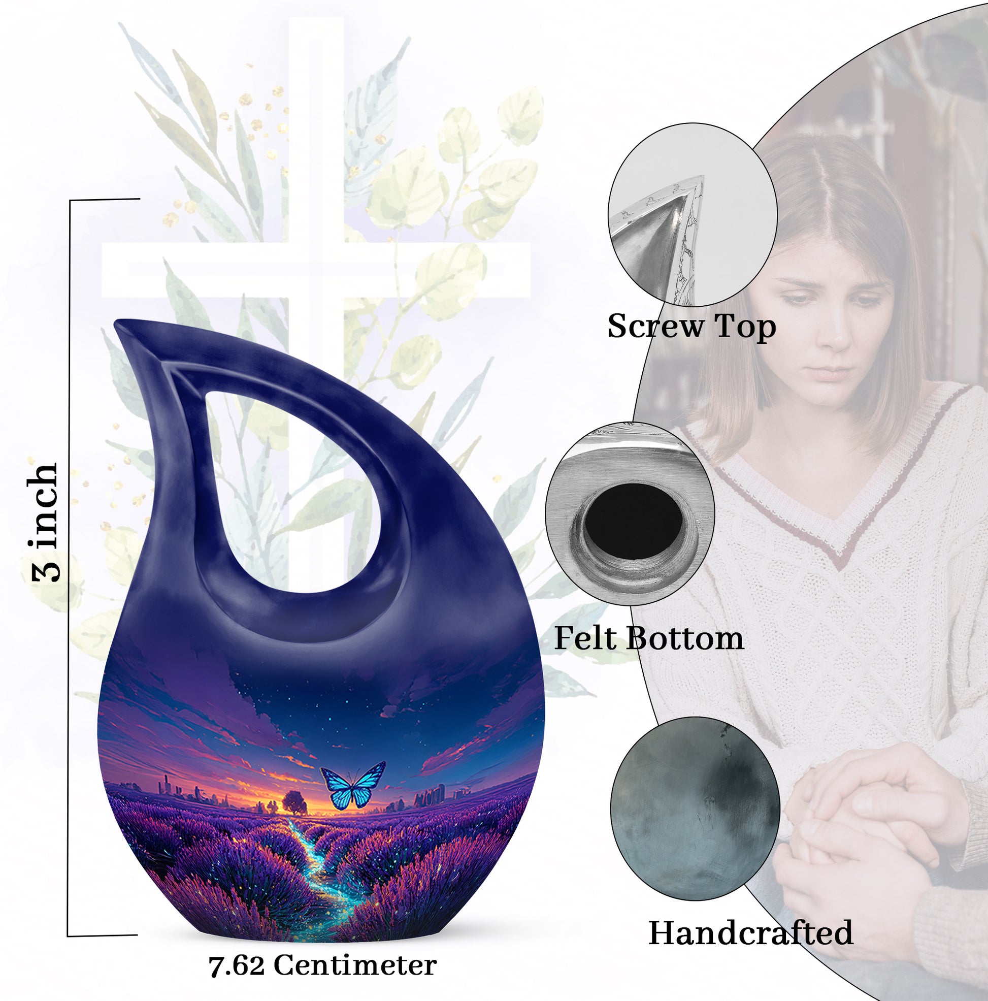 Azure Butterfly Cremation Urn back view with polished surface - cross and butterfly combined in spiritual memorial design - mini keepsake memorial for portion of cremation ashes