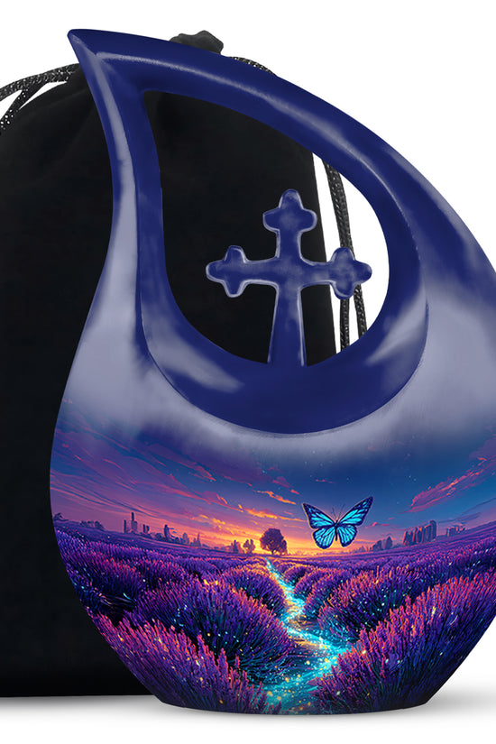 Bright Blue Butterfly Cremation Urn top-down view of secure threaded lid - faith-inspired cross-drop urn with butterfly pattern - full-size 10 inch 200 cubic inch adult cremation urn