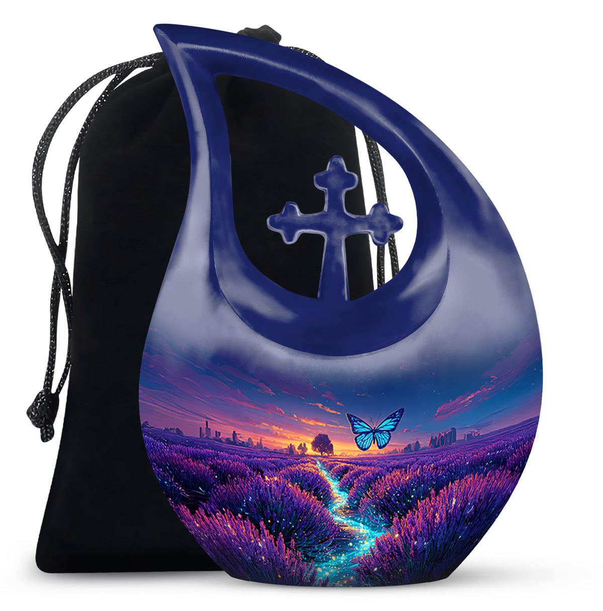 Bright Blue Butterfly Cremation Urn top-down view of secure threaded lid - faith-inspired cross-drop urn with butterfly pattern - full-size 10 inch 200 cubic inch adult cremation urn