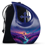 Bright Blue Butterfly Cremation Urn top-down view of secure threaded lid - faith-inspired cross-drop urn with butterfly pattern - full-size 10 inch 200 cubic inch adult cremation urn
