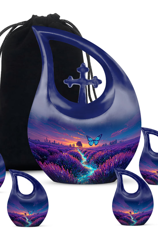 Slate Blue Butterfly Cremation Urn urn with complimentary velvet bag - cross and butterfly combined in spiritual memorial design - memorial set with one large and four small urns