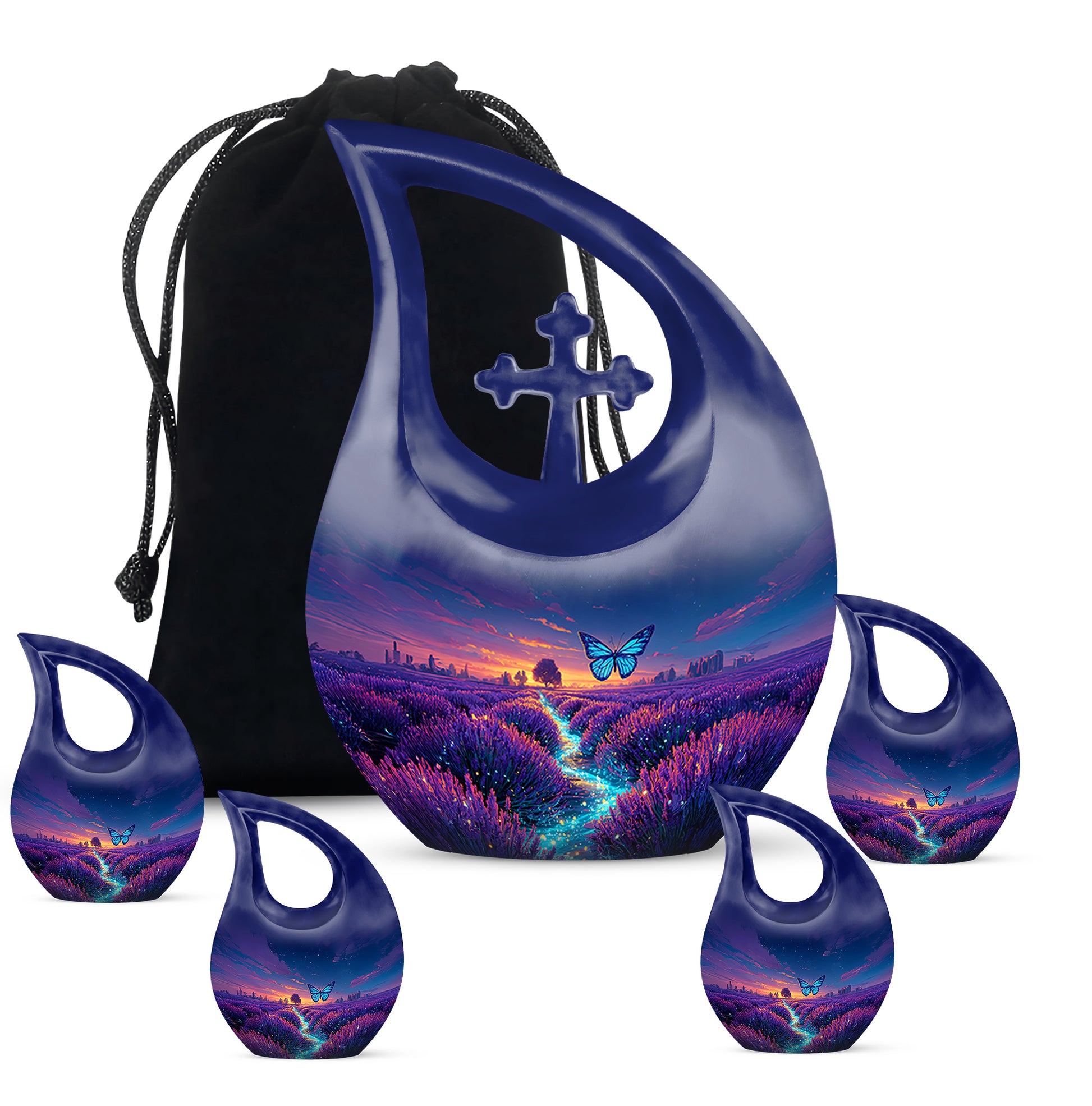 Slate Blue Butterfly Cremation Urn urn with complimentary velvet bag - cross and butterfly combined in spiritual memorial design - memorial set with one large and four small urns