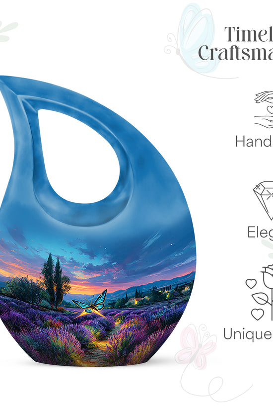 Celestial Blue Butterfly Cremation Urn back view with polished surface - sacred cross merged with butterfly motif on metal - mini keepsake memorial for portion of cremation ashes