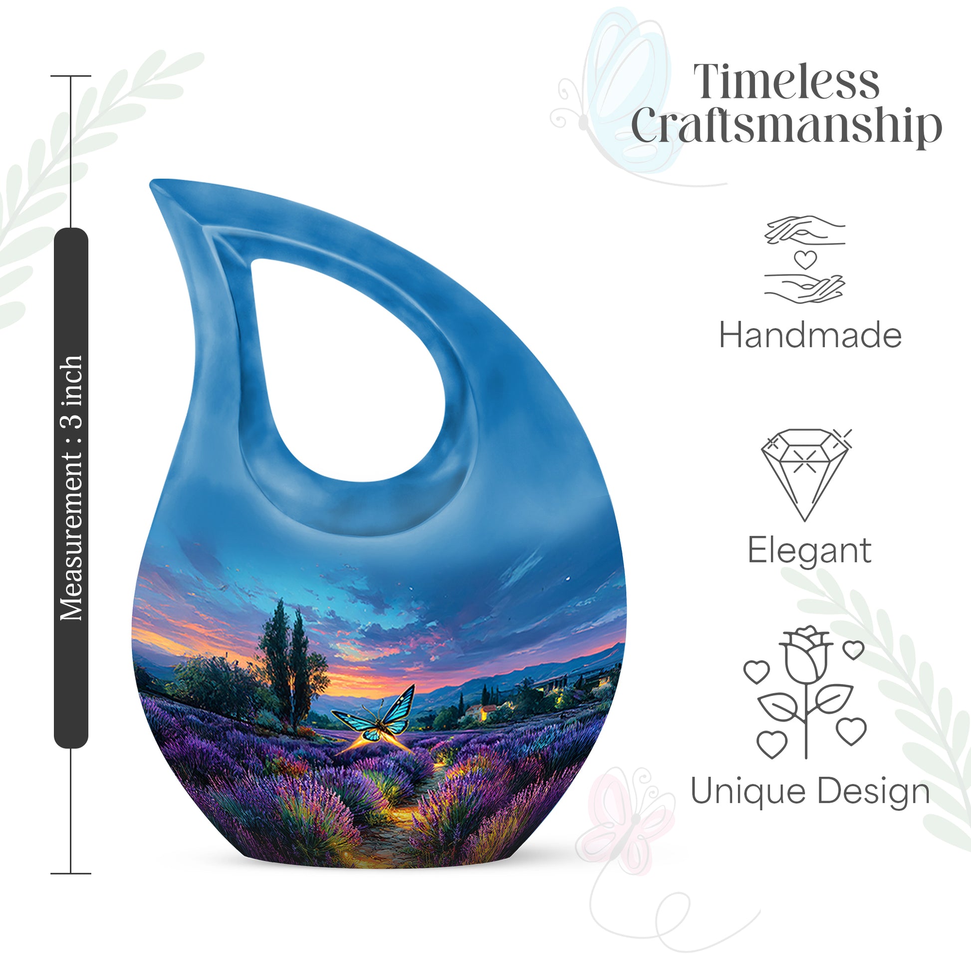 Celestial Blue Butterfly Cremation Urn back view with polished surface - sacred cross merged with butterfly motif on metal - mini keepsake memorial for portion of cremation ashes