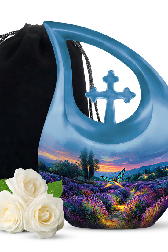 Azure Butterfly Cremation Urn top-down view of secure threaded lid - cross and butterfly combined in spiritual memorial design - full-size 10 inch 200 cubic inch adult cremation urn