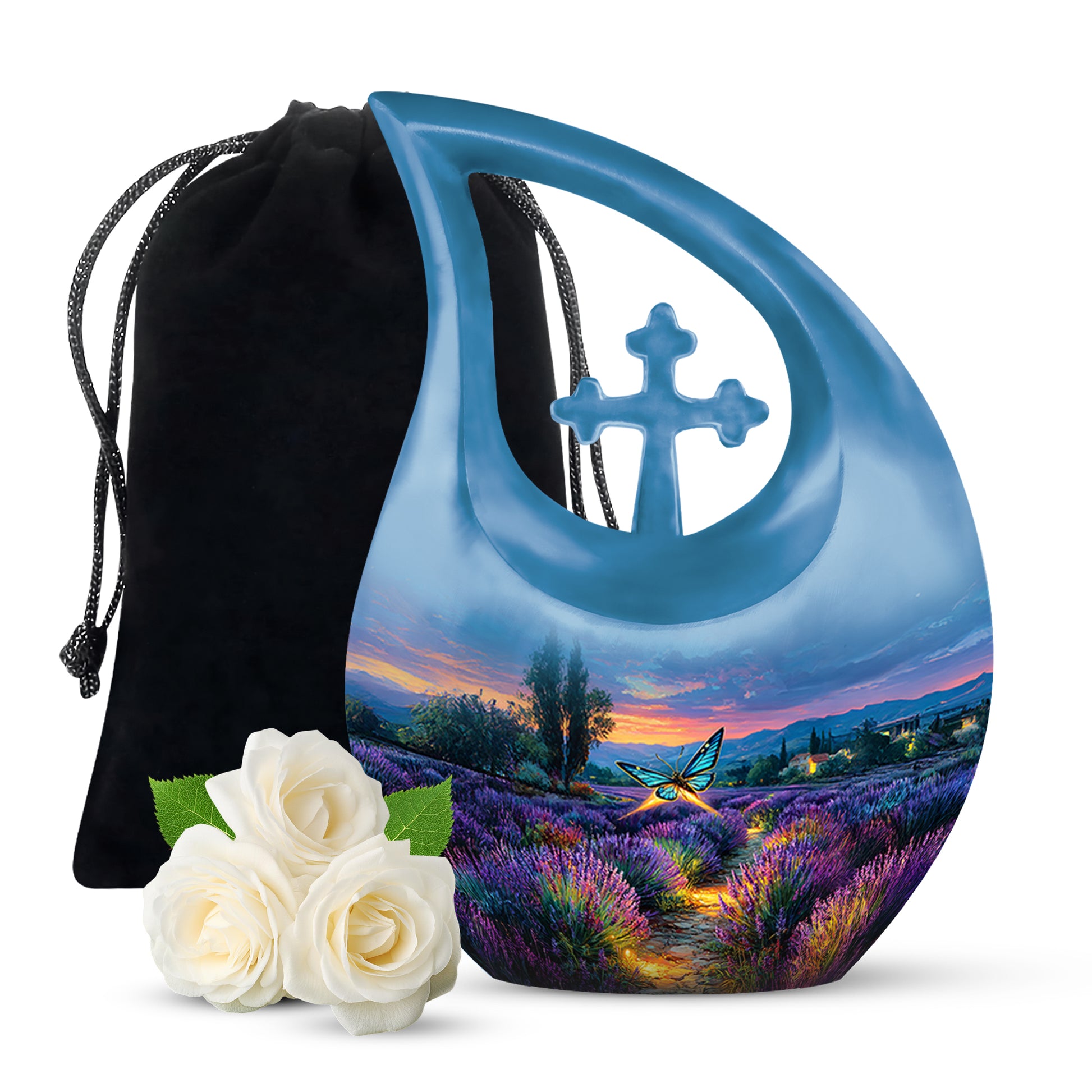 Azure Butterfly Cremation Urn top-down view of secure threaded lid - cross and butterfly combined in spiritual memorial design - full-size 10 inch 200 cubic inch adult cremation urn