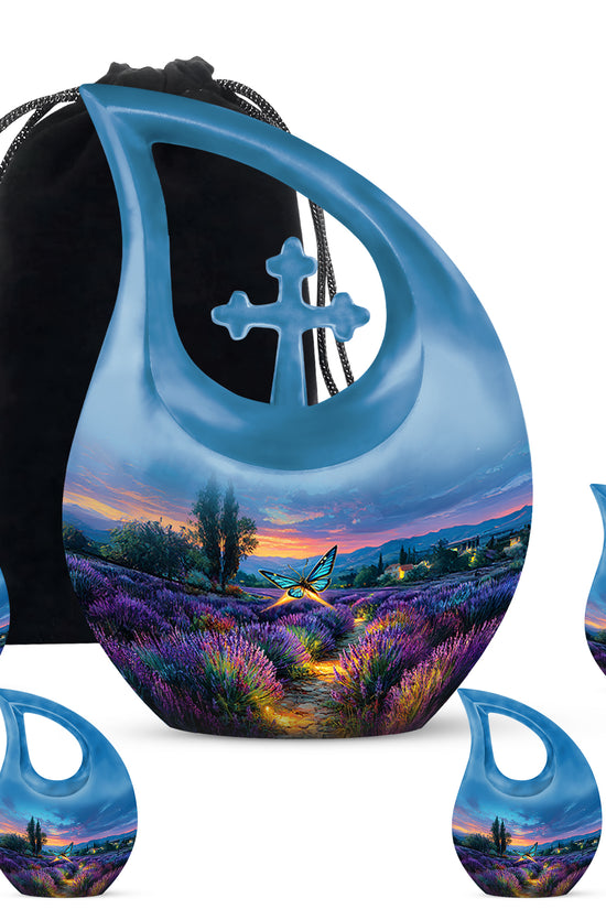 Vivid Blue Butterfly Cremation Urn urn with complimentary velvet bag - faith-inspired cross-drop urn with butterfly pattern - memorial set with one large and four small urns