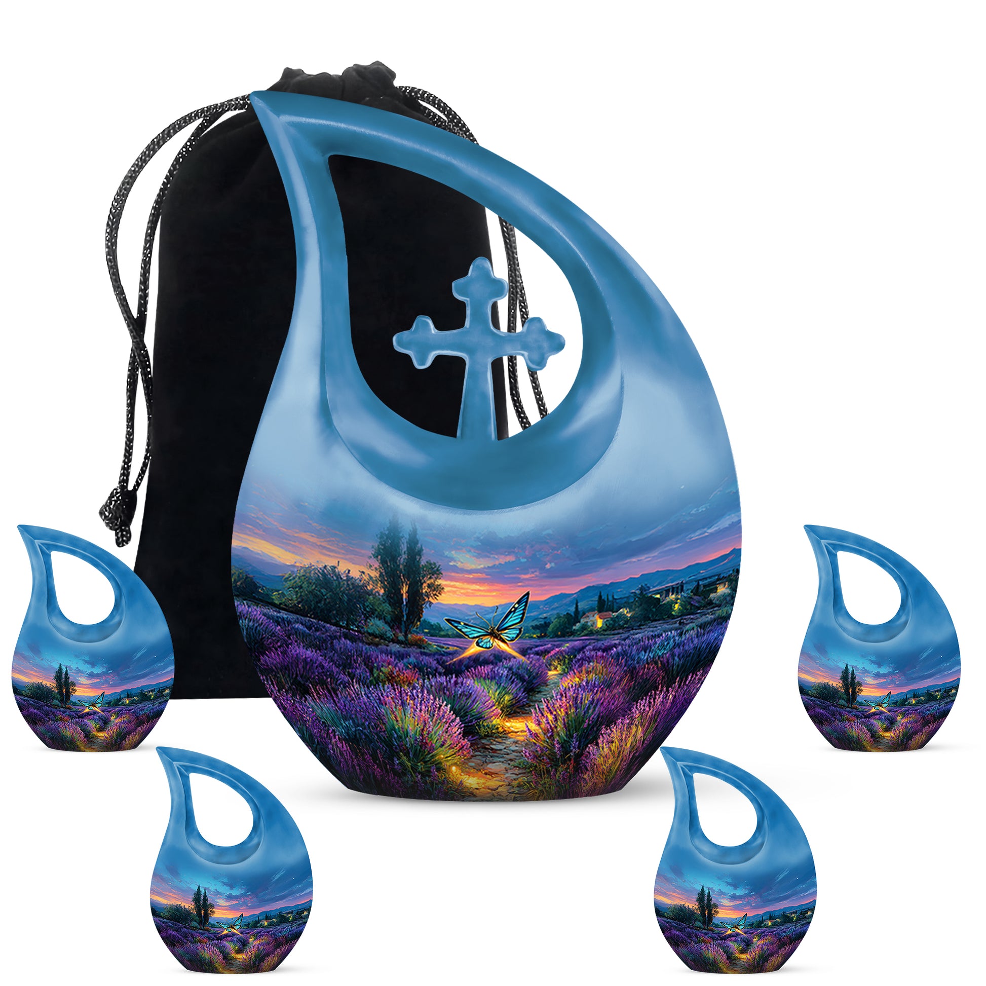 Vivid Blue Butterfly Cremation Urn urn with complimentary velvet bag - faith-inspired cross-drop urn with butterfly pattern - memorial set with one large and four small urns