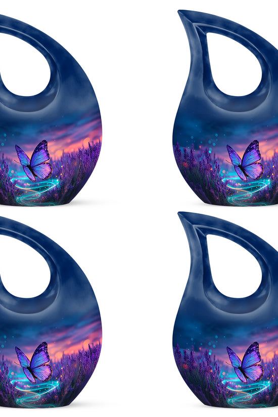 Misty Blue Butterfly Cremation Urn lifestyle display on memorial shelf - sacred cross merged with butterfly motif on metal - 10 inch aluminum urn for cremated remains