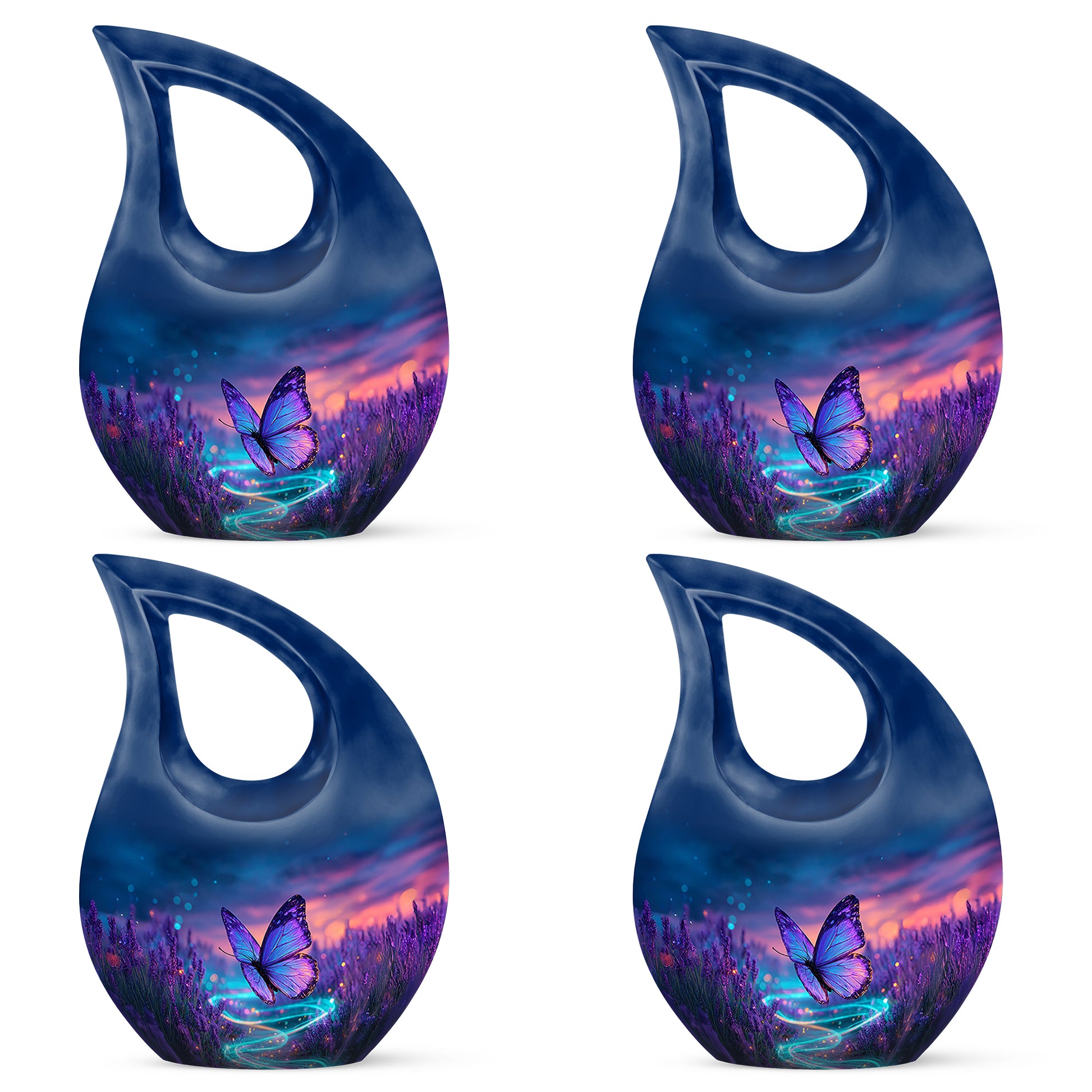 Misty Blue Butterfly Cremation Urn lifestyle display on memorial shelf - sacred cross merged with butterfly motif on metal - 10 inch aluminum urn for cremated remains