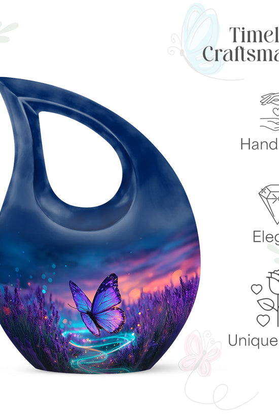 Powder Blue Butterfly Cremation Urn back view with polished surface - cross and butterfly combined in spiritual memorial design - mini keepsake memorial for portion of cremation ashes