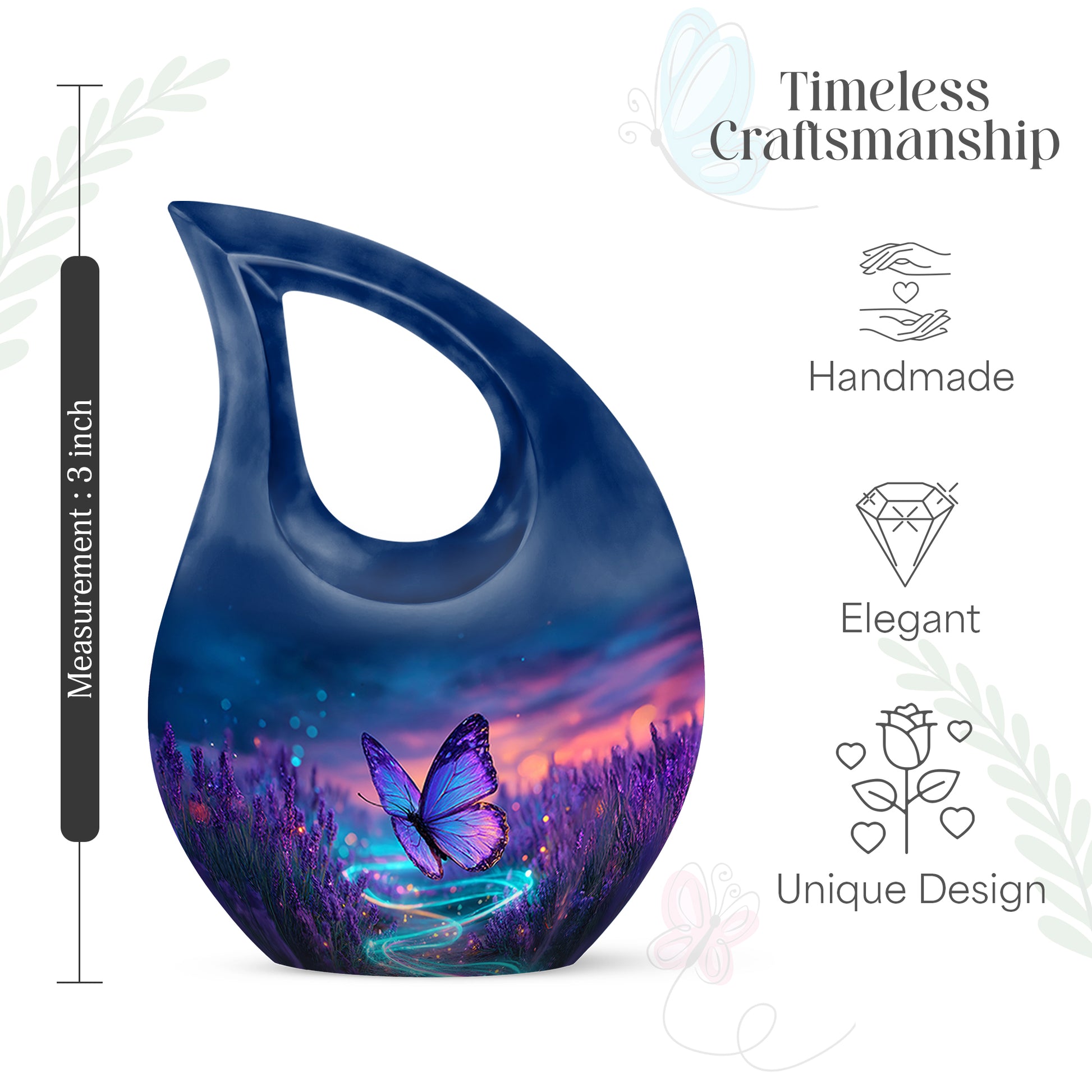 Powder Blue Butterfly Cremation Urn back view with polished surface - cross and butterfly combined in spiritual memorial design - mini keepsake memorial for portion of cremation ashes