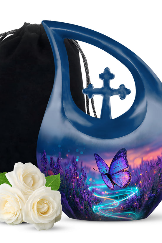 Calming Blue Butterfly Cremation Urn top-down view of secure threaded lid - faith-inspired cross-drop urn with butterfly pattern - full-size 10 inch 200 cubic inch adult cremation urn