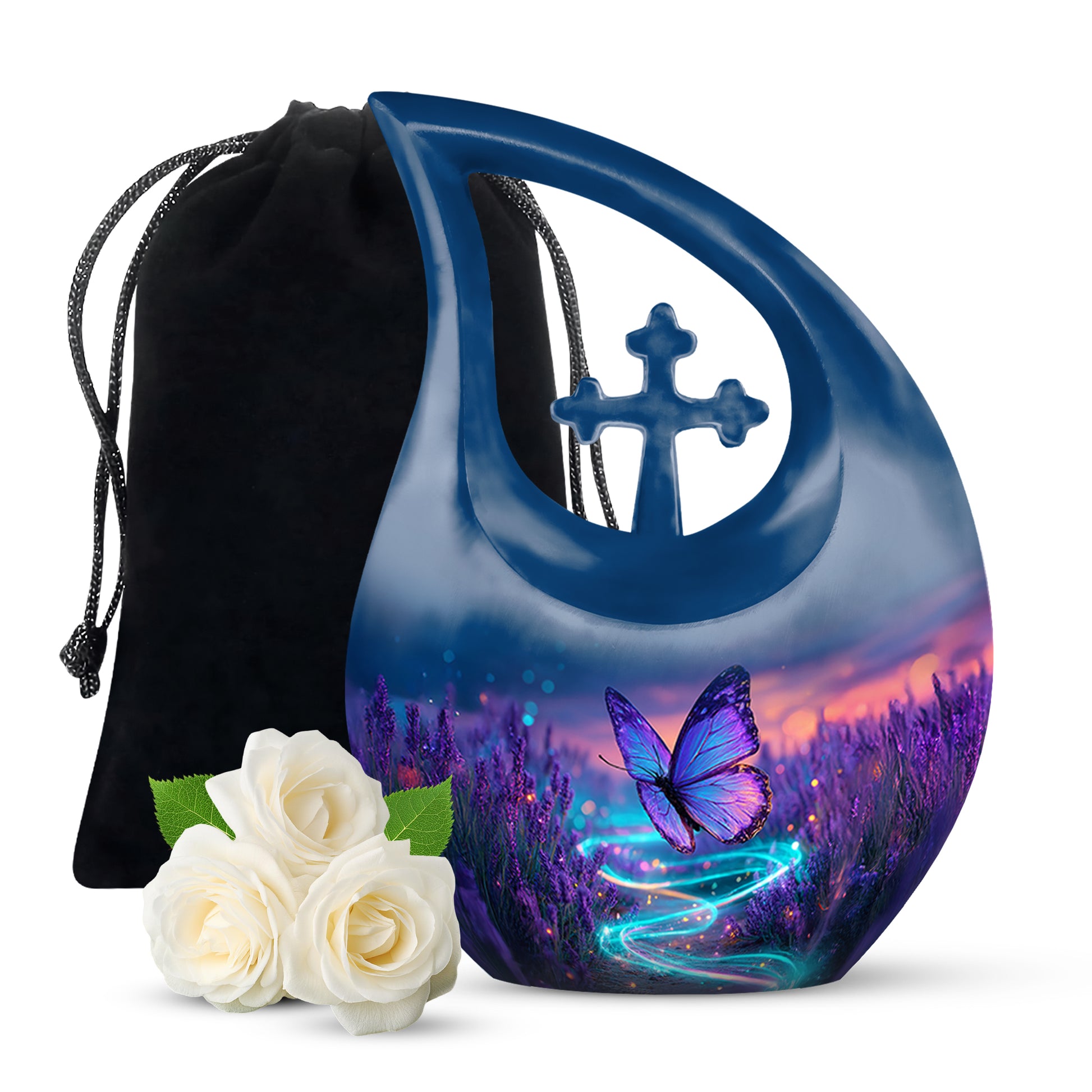 Calming Blue Butterfly Cremation Urn top-down view of secure threaded lid - faith-inspired cross-drop urn with butterfly pattern - full-size 10 inch 200 cubic inch adult cremation urn