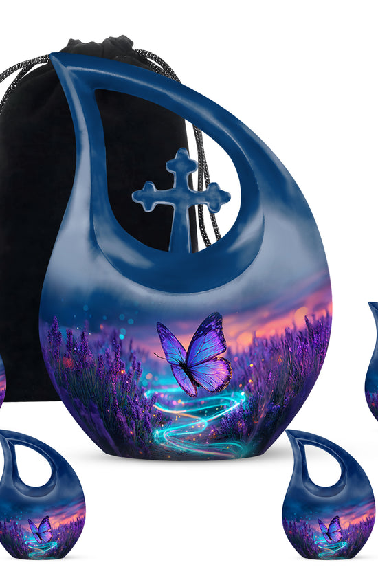 Royal Blue Butterfly Cremation Urn urn with complimentary velvet bag - devotional cross-drop butterfly engraving - memorial set with one large and four small urns