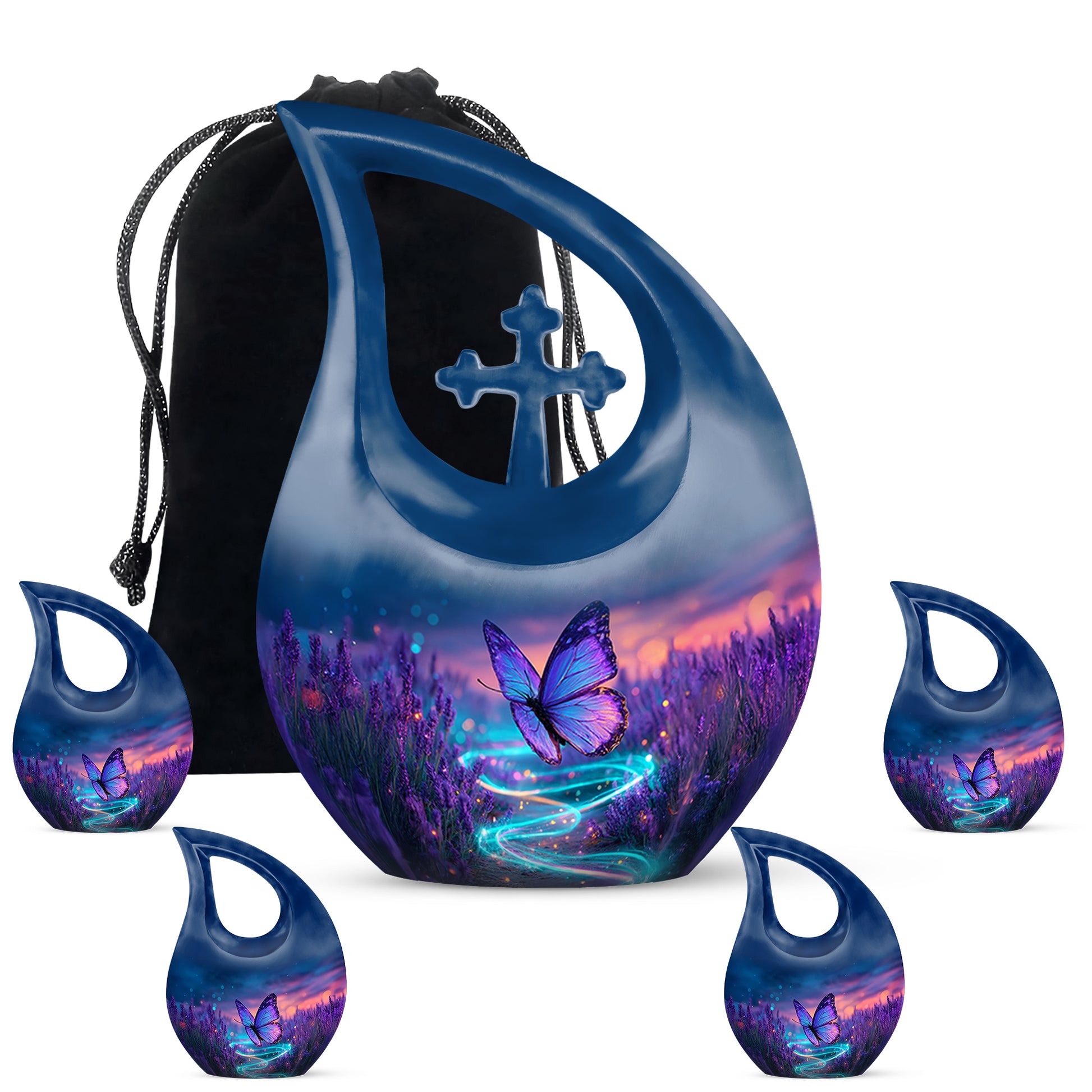 Royal Blue Butterfly Cremation Urn urn with complimentary velvet bag - devotional cross-drop butterfly engraving - memorial set with one large and four small urns