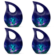 Cornflower Blue Butterfly Cremation Urn lifestyle display on memorial shelf - devotional cross-drop butterfly engraving - 10 inch aluminum urn for cremated remains