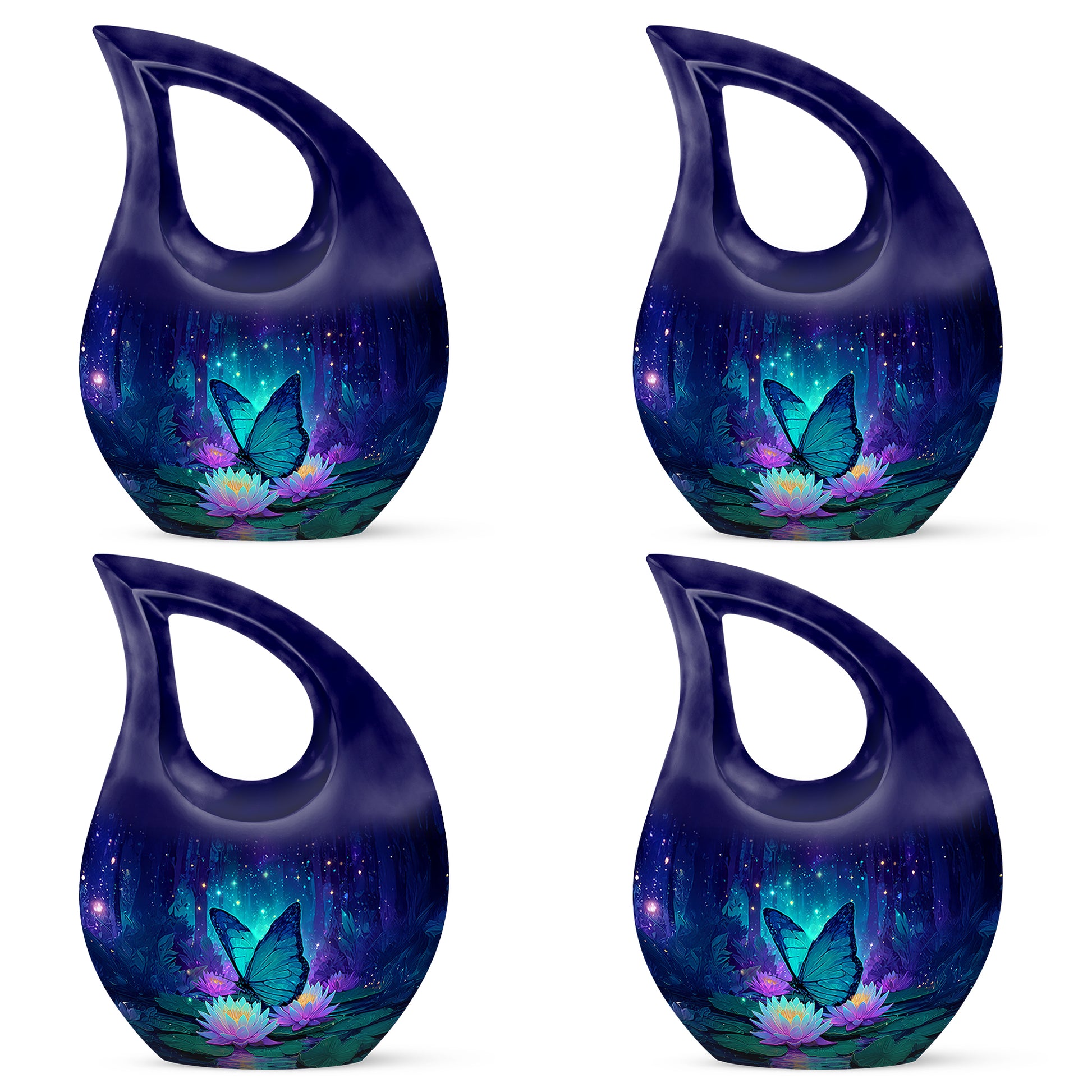 Cornflower Blue Butterfly Cremation Urn lifestyle display on memorial shelf - devotional cross-drop butterfly engraving - 10 inch aluminum urn for cremated remains