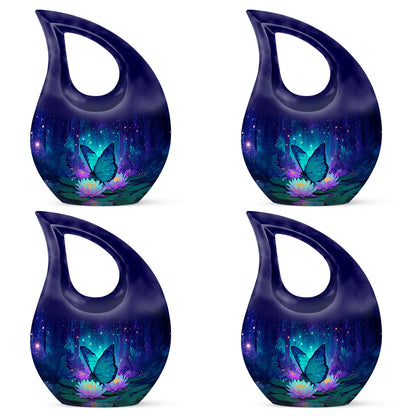 Cornflower Blue Butterfly Cremation Urn lifestyle display on memorial shelf - devotional cross-drop butterfly engraving - 10 inch aluminum urn for cremated remains