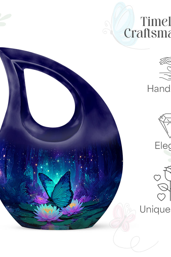 Azure Butterfly Cremation Urn back view with polished surface - sacred cross merged with butterfly motif on metal - mini keepsake memorial for portion of cremation ashes