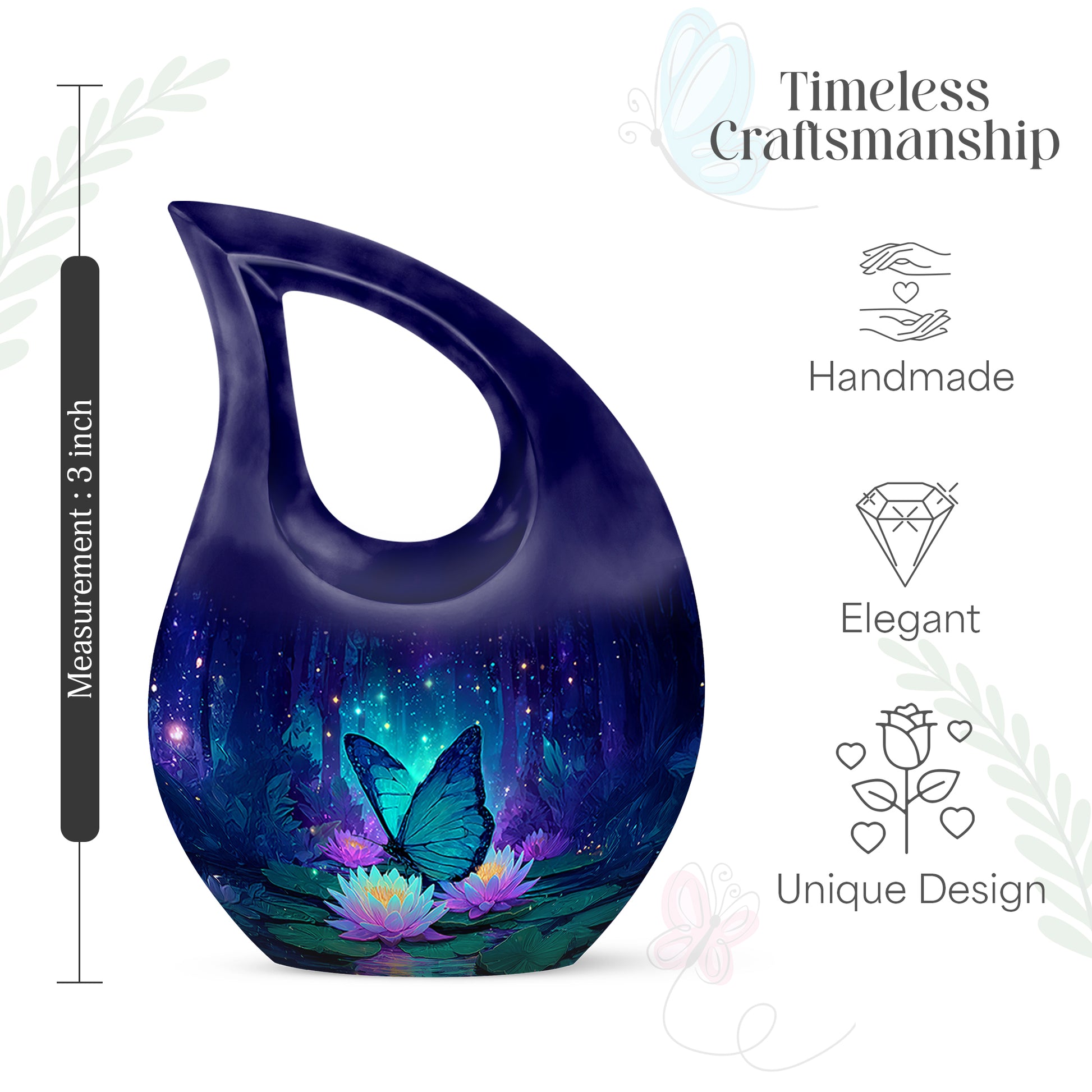 Azure Butterfly Cremation Urn back view with polished surface - sacred cross merged with butterfly motif on metal - mini keepsake memorial for portion of cremation ashes