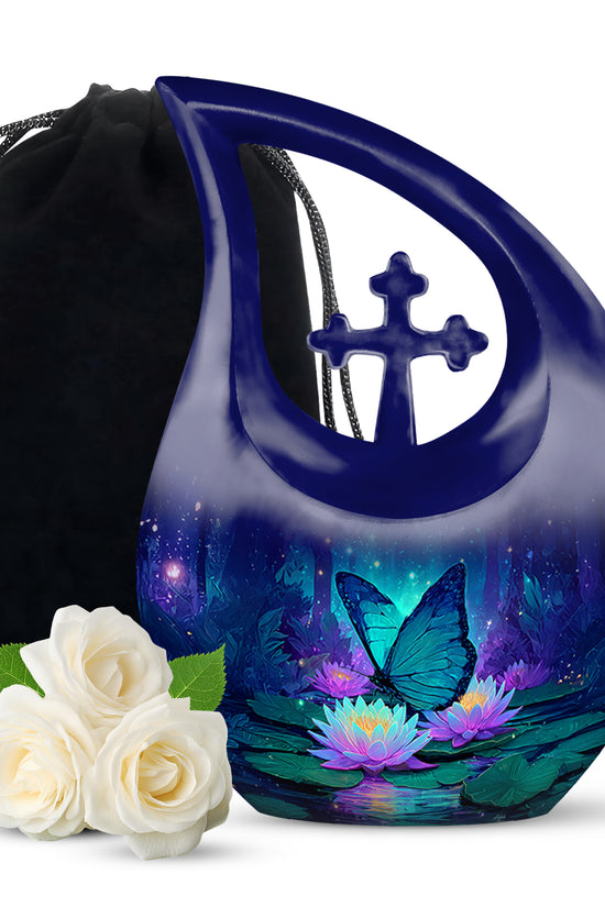 Navy Blue Butterfly Cremation Urn top-down view of secure threaded lid - cross and butterfly combined in spiritual memorial design - full-size 10 inch 200 cubic inch adult cremation urn