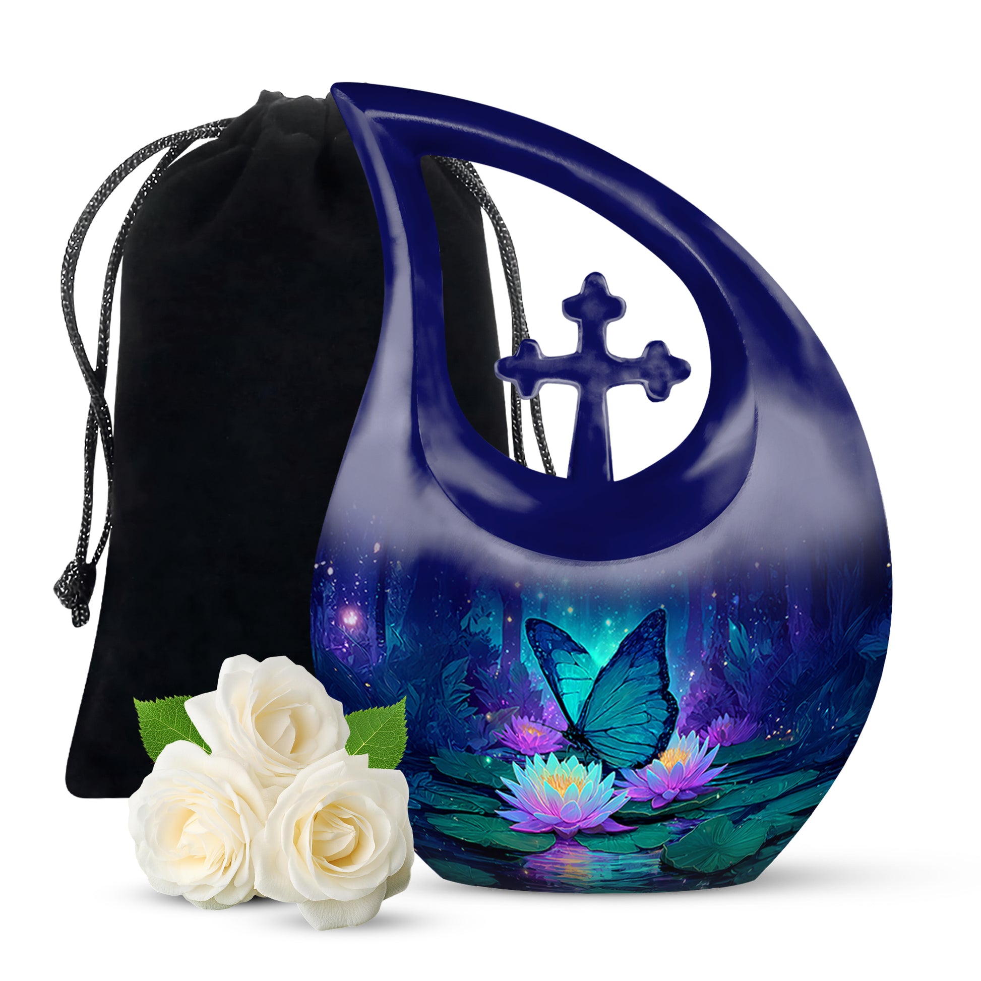 Navy Blue Butterfly Cremation Urn top-down view of secure threaded lid - cross and butterfly combined in spiritual memorial design - full-size 10 inch 200 cubic inch adult cremation urn