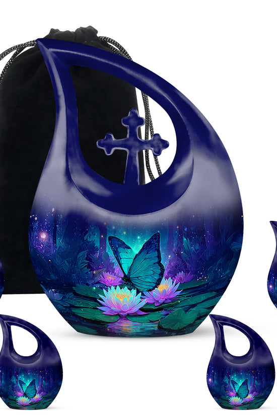 Sky Blue Butterfly Cremation Urn urn with complimentary velvet bag - sacred cross merged with butterfly motif on metal - memorial set with one large and four small urns