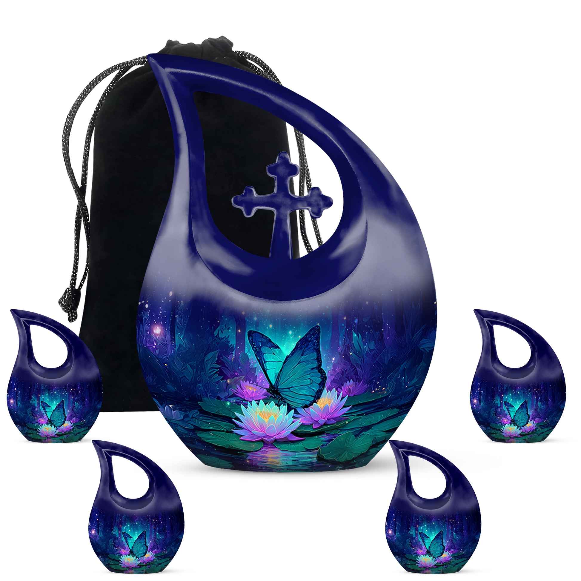 Sky Blue Butterfly Cremation Urn urn with complimentary velvet bag - sacred cross merged with butterfly motif on metal - memorial set with one large and four small urns