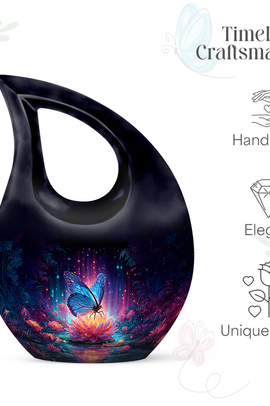 Indigo Butterfly Cremation Urn back view with polished surface - sacred cross merged with butterfly motif on metal - mini keepsake memorial for portion of cremation ashes