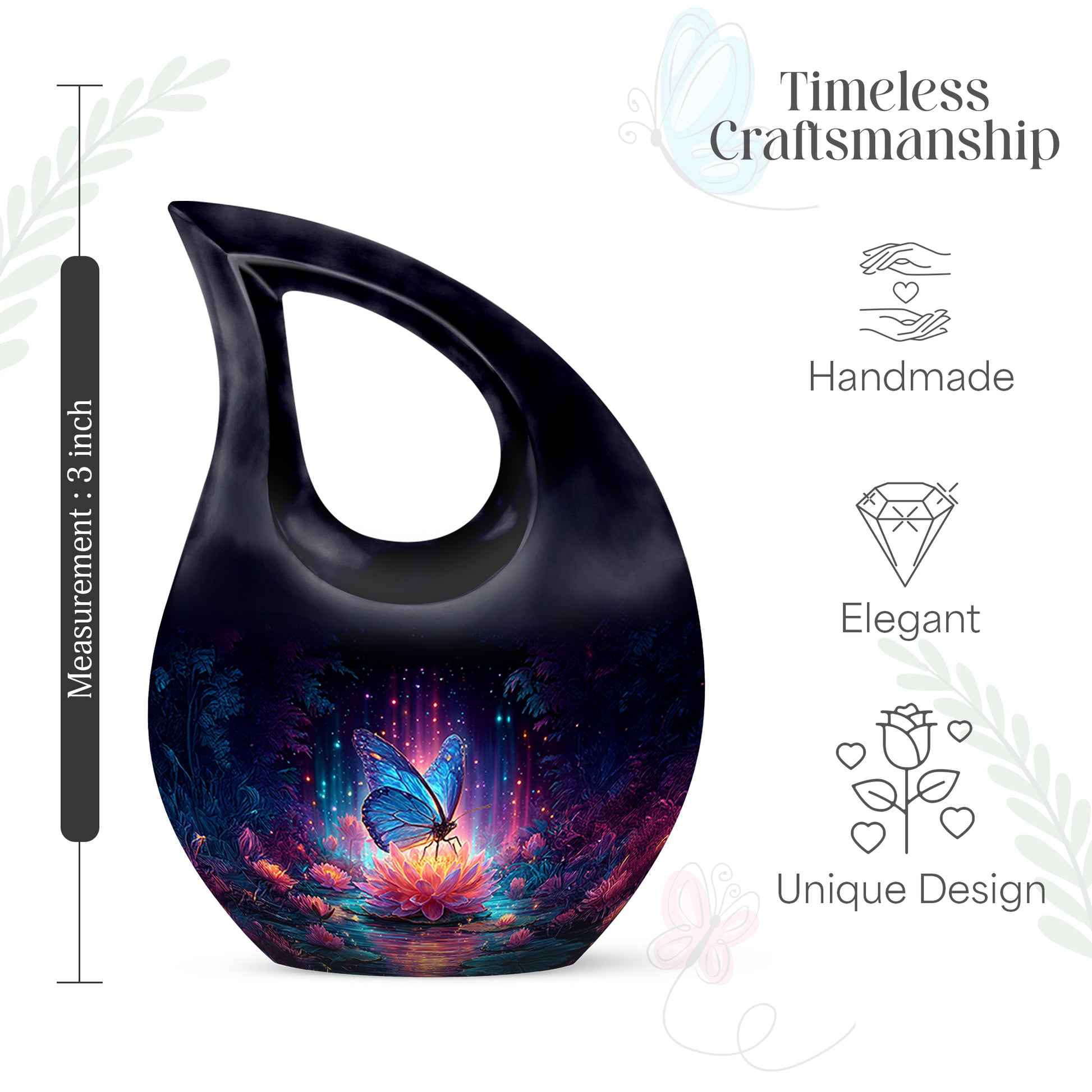 Indigo Butterfly Cremation Urn back view with polished surface - sacred cross merged with butterfly motif on metal - mini keepsake memorial for portion of cremation ashes