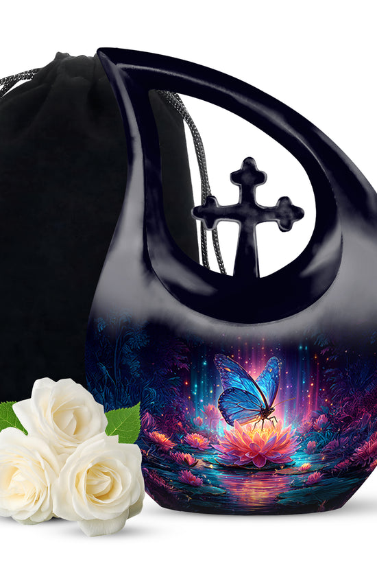 Powder Blue Butterfly Cremation Urn top-down view of secure threaded lid - sacred cross merged with butterfly motif on metal - full-size 10 inch 200 cubic inch adult cremation urn