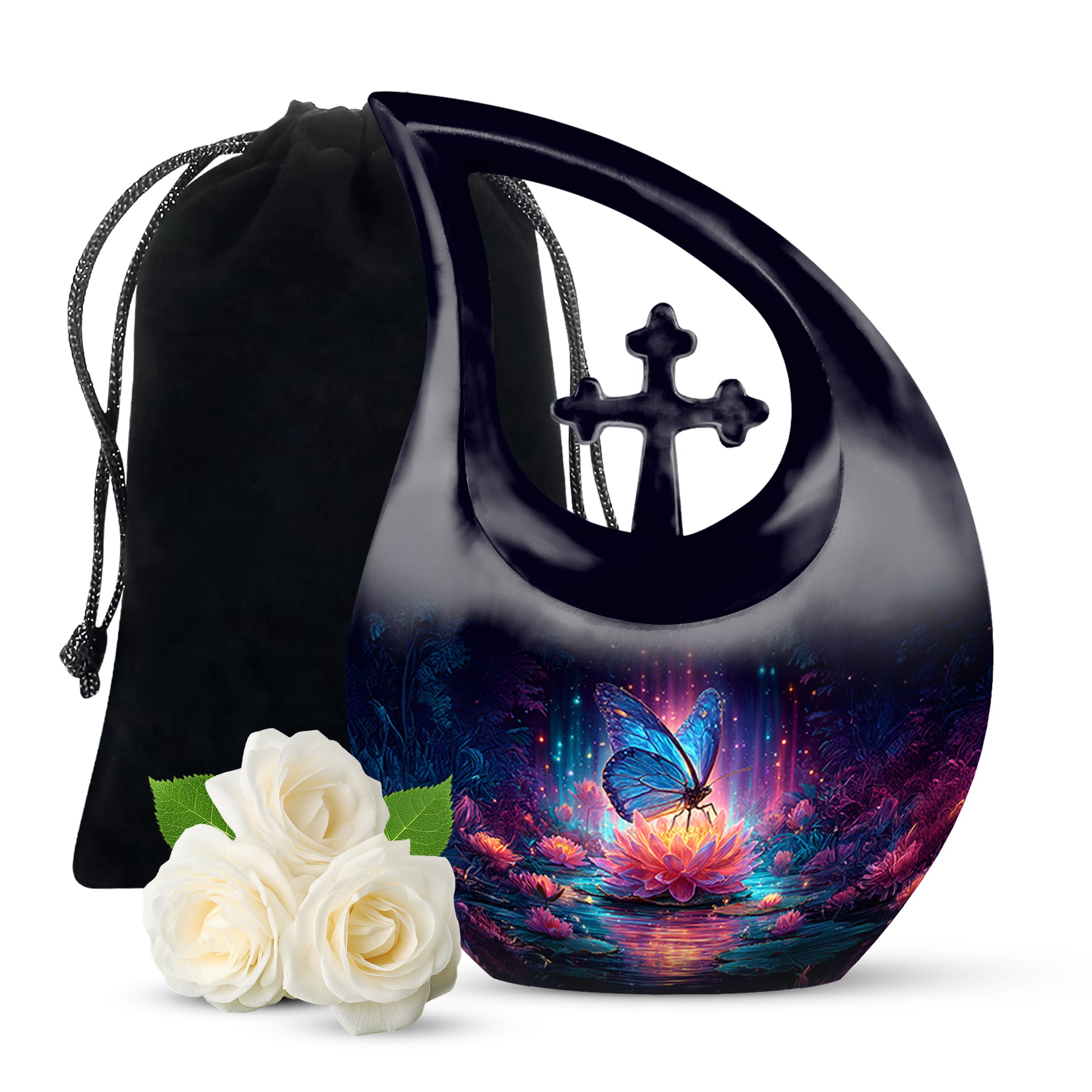 Powder Blue Butterfly Cremation Urn top-down view of secure threaded lid - sacred cross merged with butterfly motif on metal - full-size 10 inch 200 cubic inch adult cremation urn