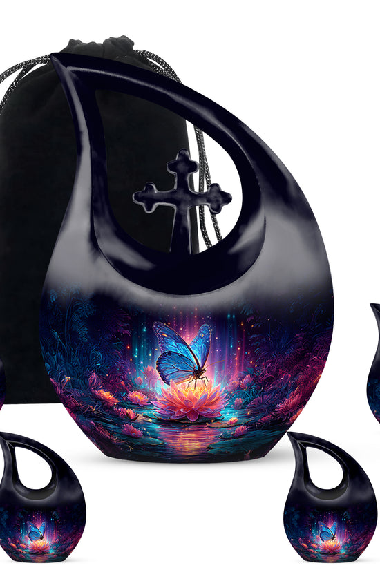 Icy Blue Butterfly Cremation Urn urn with complimentary velvet bag - cross and butterfly combined in spiritual memorial design - memorial set with one large and four small urns