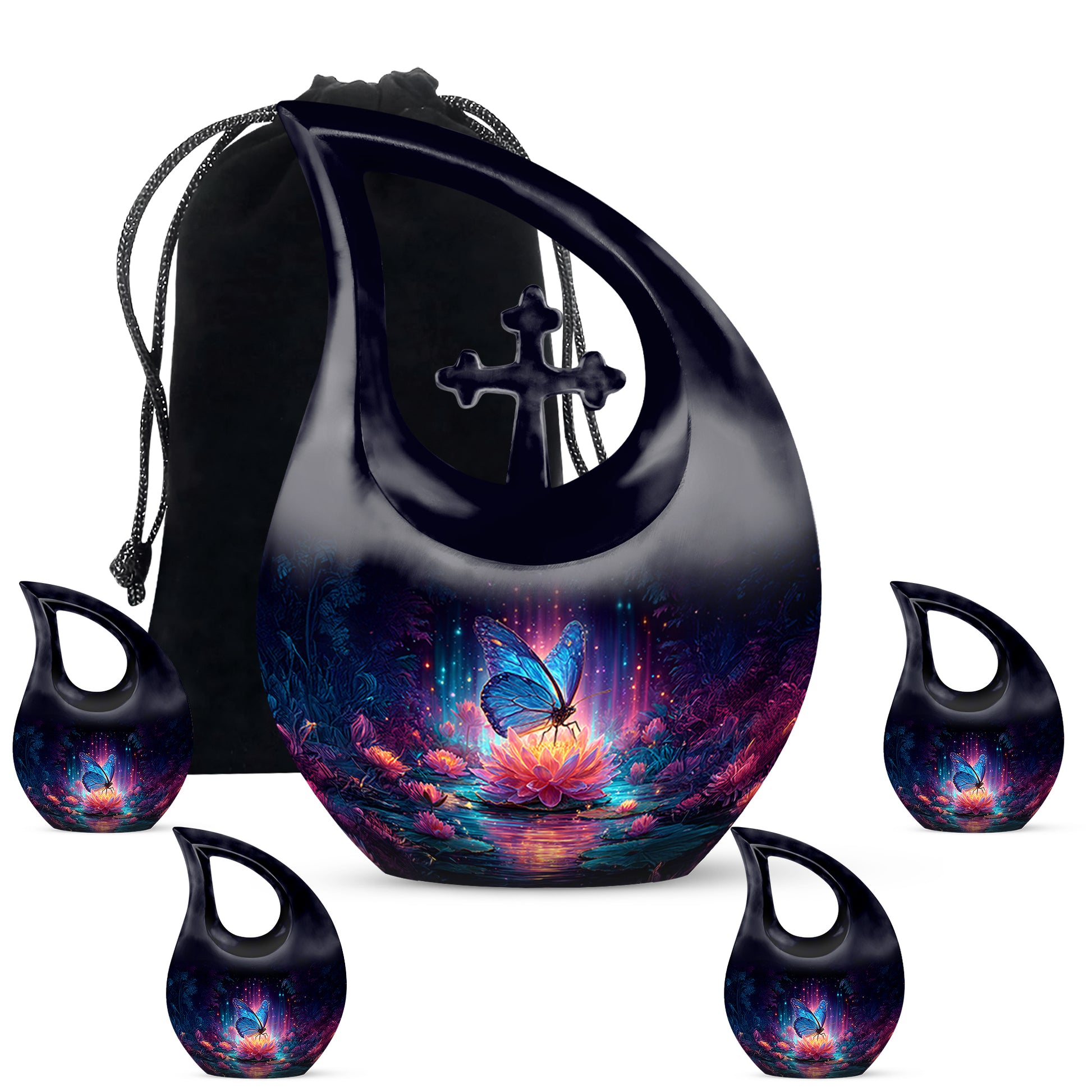 Icy Blue Butterfly Cremation Urn urn with complimentary velvet bag - cross and butterfly combined in spiritual memorial design - memorial set with one large and four small urns