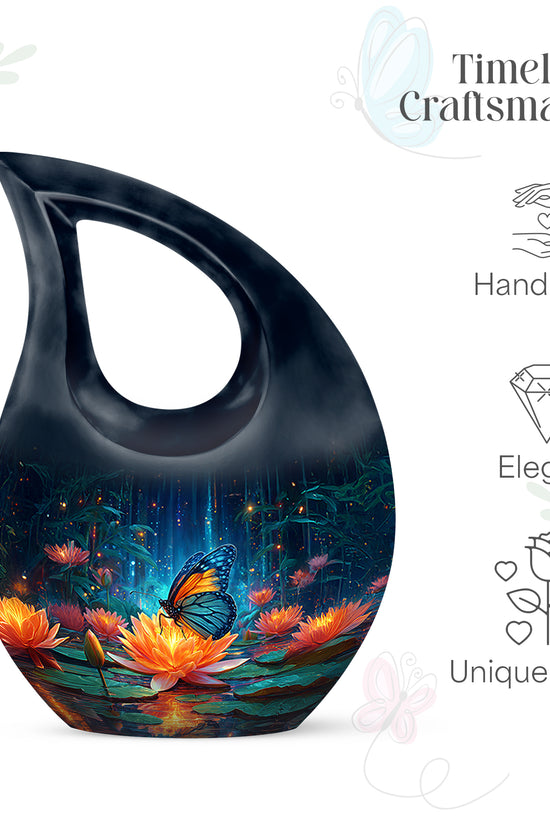 Celestial Blue Butterfly Cremation Urn back view with polished surface - sacred cross merged with butterfly motif on metal - mini keepsake memorial for portion of cremation ashes