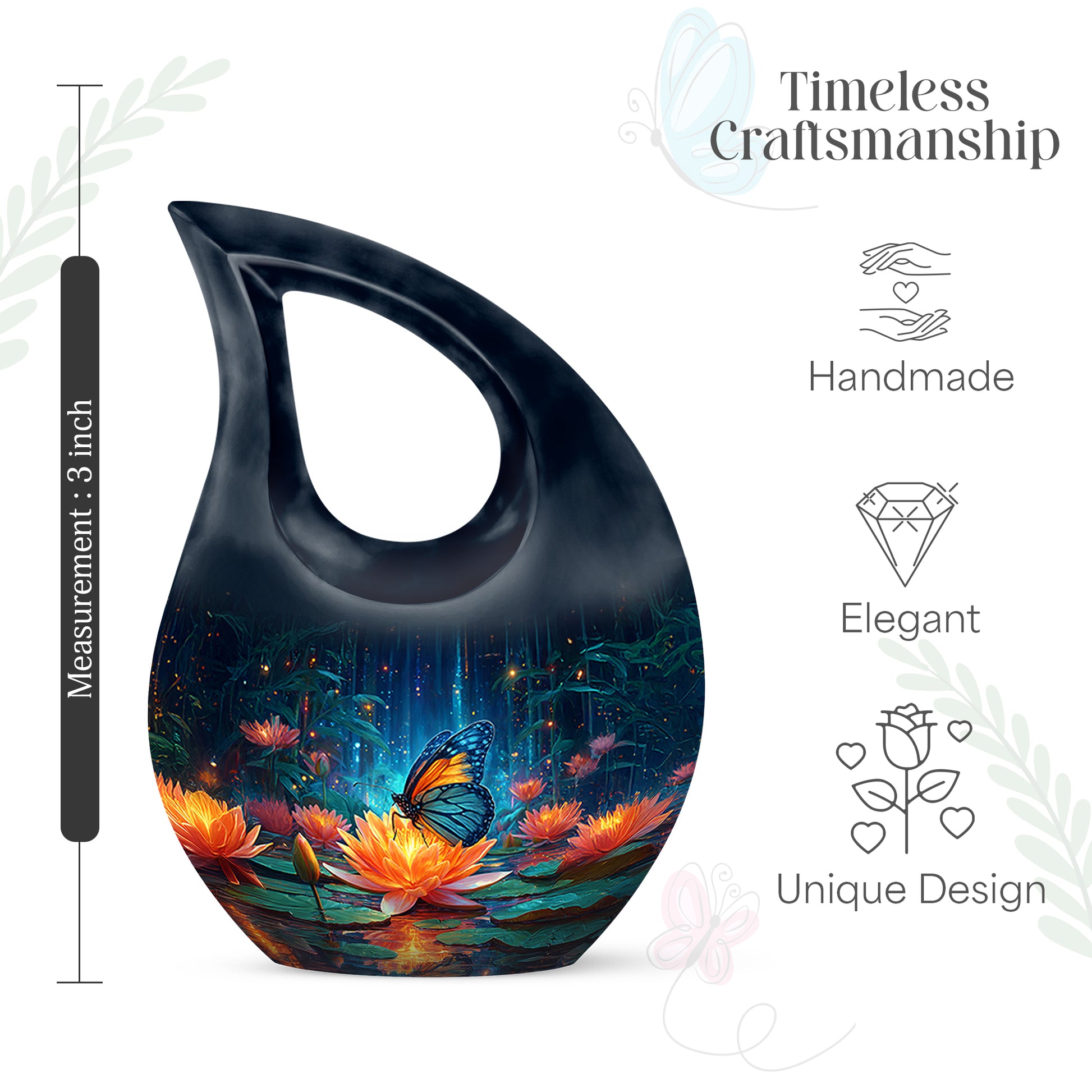 Celestial Blue Butterfly Cremation Urn back view with polished surface - sacred cross merged with butterfly motif on metal - mini keepsake memorial for portion of cremation ashes